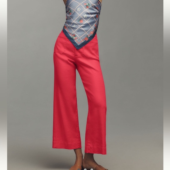 Anthropologie COLETTE Linen Stretch Cropped Wide-Leg Pants Maeve NEW Geranium 26 - Picture 2 of 14